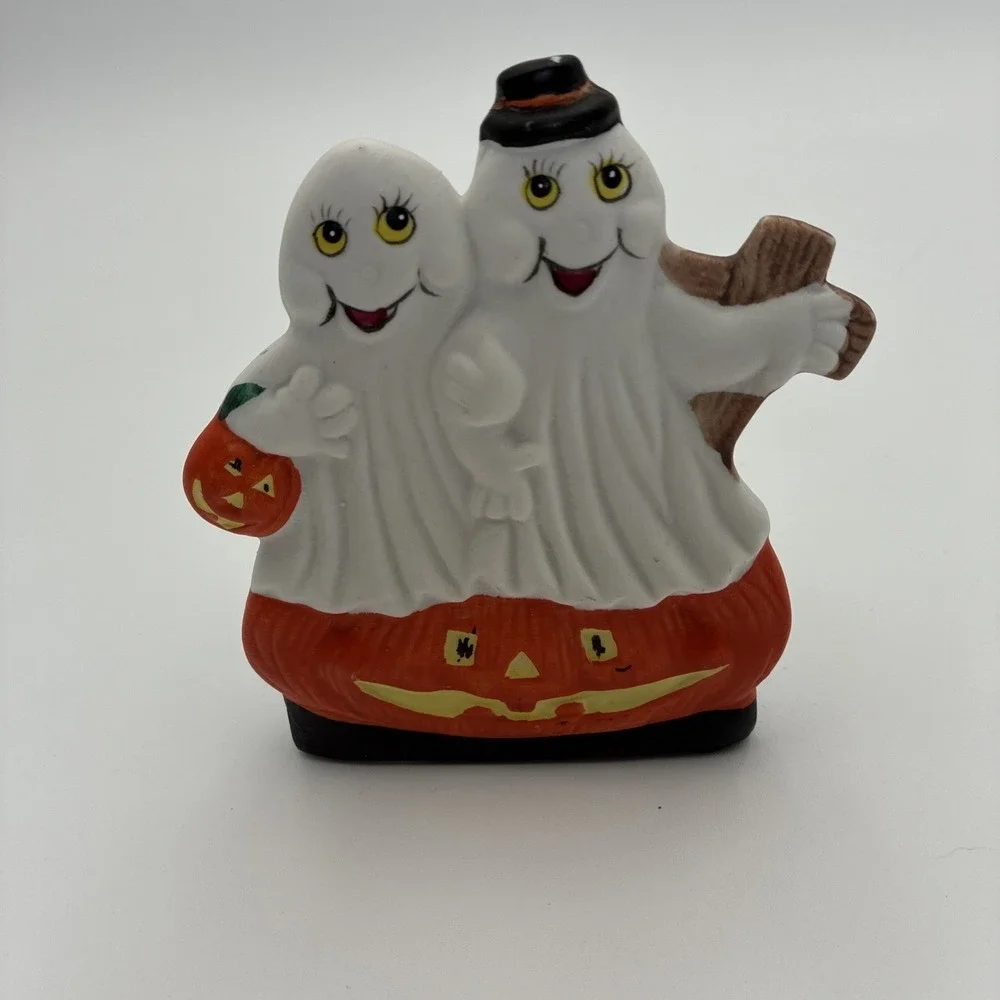 Halloween Ghost Couple Jack-O-Lantern Ceramic Tea Light Candle Holder Figurine